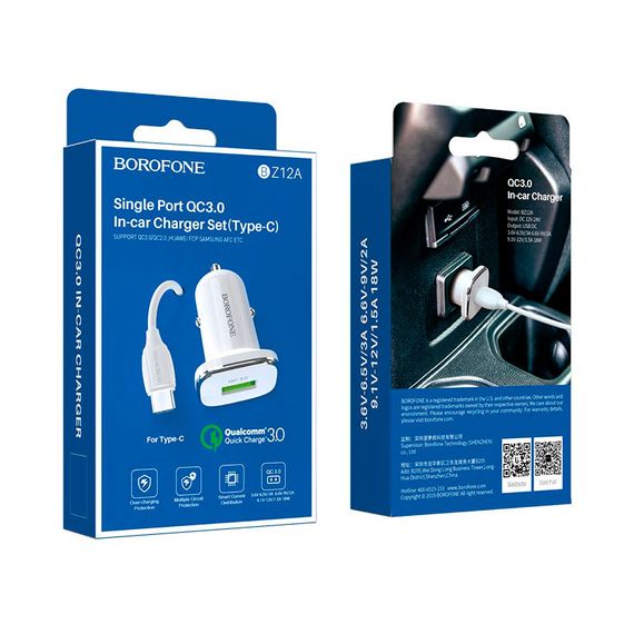 Набір BOROFONE BZ12A АЗУ 1xUSB+ кабель Type-C, QC 3.0A, 1м, White, Box | Зображення 3