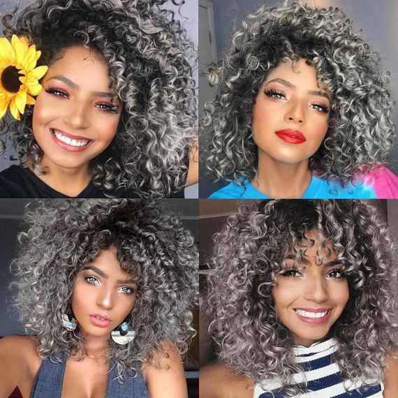 Перука кучерява афро сіра сива омбре з чубчиком, жіноча коротка синтетична термостійка, хвилясте волосся для Гелловіну | Зображення 7