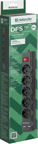 Мережевий фільтр Defender DFS 751 1,8 м, 5 розеток, 2xUSB, 2.1A (99751) | Зображення 3