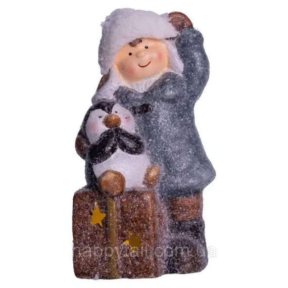 Новогодняя декоративная фигурка с подсветкой 9×10×19 см Новогодний декор Девочка с подарком из фарфора CR-5-18