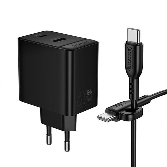 МЗП Borofone BAS17A Erudite PD65W+QC3.0 (1USB-A/1C) + кабель Type-C to Type-C Black | Зображення 3