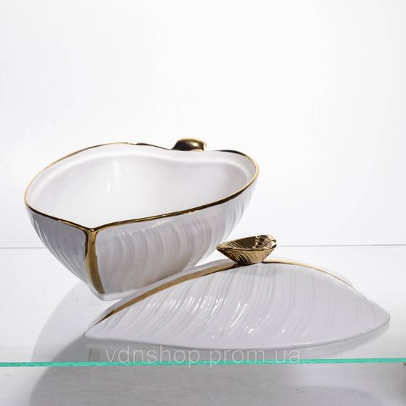 Супниця 800 (мл) порцелянова 32×21×16 (см) з кришкою Біла з золотом XL-4054AG | Зображення 1