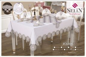 Лляна скатертина з ранером Selin Julide Set 160×300+12 серветок кремова
