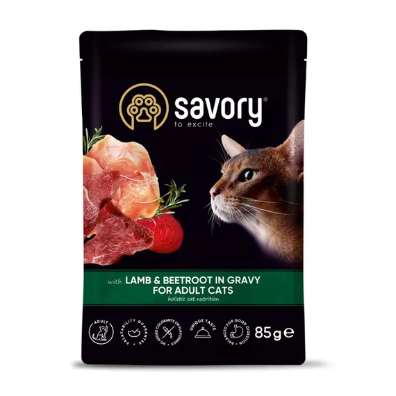 Вологий корм пауч Savory для дорослих котів, ягня та буряк у соусі 85г