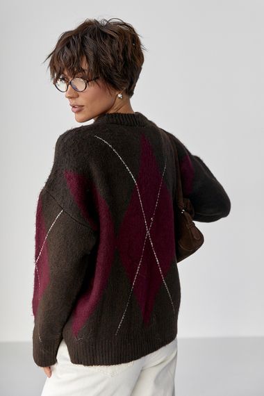 Тепла в'язана кофта з ромбами - коричневий цвет, ONE SIZE (є розміри) | Зображення 1