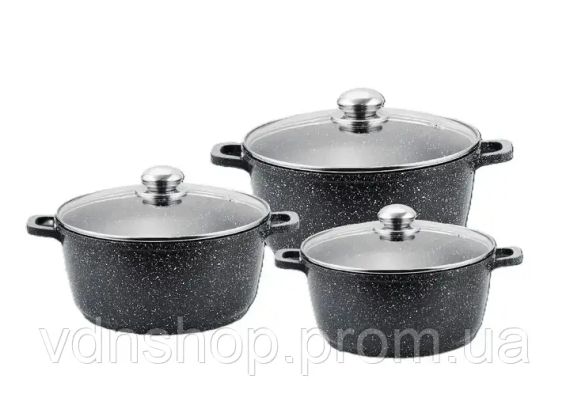 Кухонный набор кастрюль Benson BN-298 из литого алюминия и мармуровым антипригарным покрытием объемом 1.5/2.2/3.2 л.