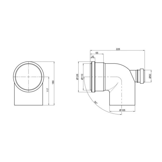 Колено канализационное с отводом TA Sewage 50х110х110, 90° (назад) | Зображення 1