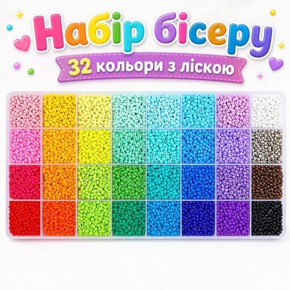 Набір бісеру 32 кольори з ліскою - бісер для рукоділля 2,5 мм у боксі