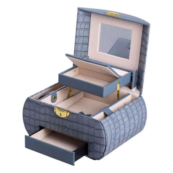 Скринька для прикрас з еко шкіри 3 яруси із замком органайзер для ювелірних виробів HP-5-21BL | Зображення 1