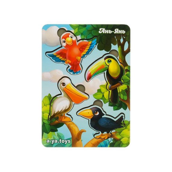 Деревянный пазл-вкладыш "Птицы" Ubumblebees (ПСФ062) PSF062 фон с подсказкой | Зображення 1