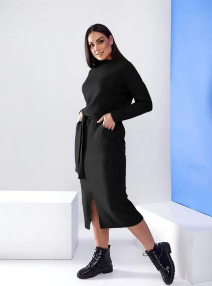 Женское теплое платье из двухсторонней ангоры с поясом GF08564 цвет черный, размер 46/48 | Зображення 2