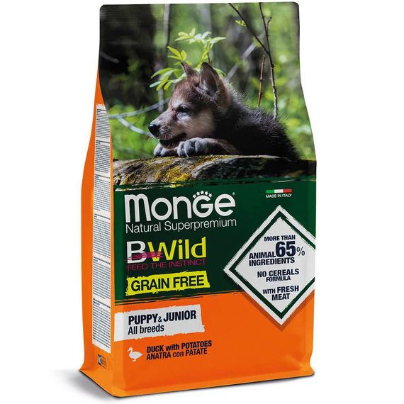 Корм Monge BWild Grain Free All Breeds Puppy Anatra сухий з качкою для щенят і юніорів усіх порід 15 кг