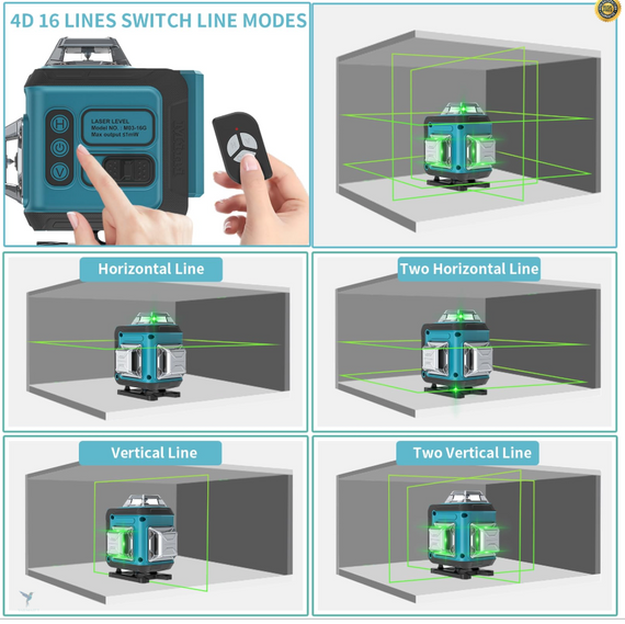 Рівень перехресний лазерний зеленого кольору 16 ліній, 4 x 360° лазерний рівень із функцією самовирівнювання | Зображення 2