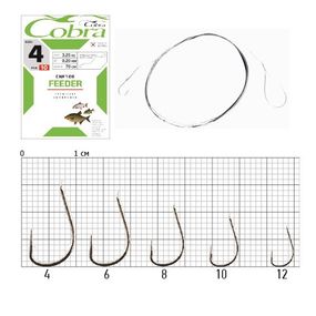 Крючки рыболовные с поводком Cobra Кобра FEEDER 70cm, 0,20mm, разм.4, 10 шт в упаковке.