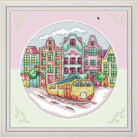 Набір для вишивання хрестиком за нанесеною на канву схемою "Cityscape — Streetcar".AIDA 14CT printed, 19*19 см