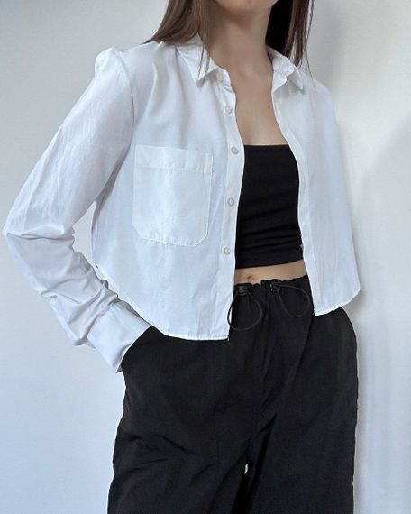 Женская коттоновая блуза-рубашка укороченная на пуговицах, SSH676, цвет белый, размер единый 42/46 | Зображення 2