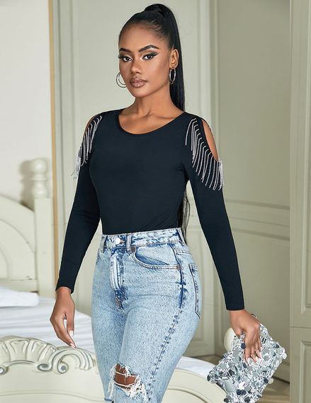 Чорний боді з довгими рукавами Star Night і пензликами з ланцюжків, L sexstyle | Зображення 5