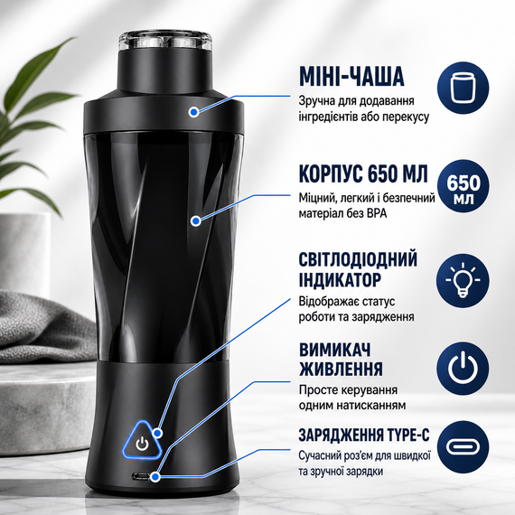 Портативный блендер-шейкер 2 в 1 аккумуляторный D7 на 6000 мАч, 650 мл, для смузи и коктейлей, Черный | Зображення 4