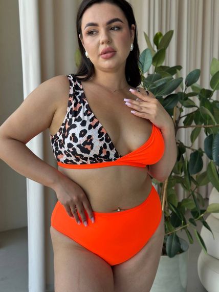 Роздільний помаранчевий купальник PLUS SIZE з високими плавками та лео принтом | Зображення 7