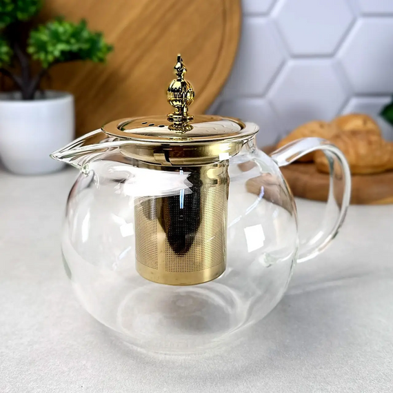 Стеклянный чайник-кофейник для плиты 950 мл Kandy GK-5801 с золотистыми элементами и удобным заварочным фильтром Прозрачный | Зображення 2