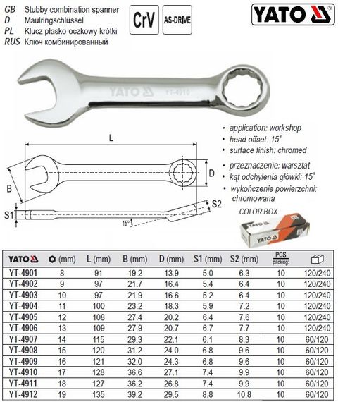 Ключ комбінований короткий CrV М=10 мм l=97 мм YATO YT-4903