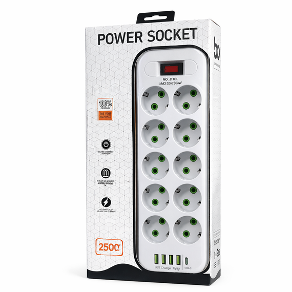 Сетевой удлинитель Power Socket D10 на 10 розеток с выключателем, 4 USB и Type-C (PD), кабель 5 м, 2500 Вт, LED-индикатор | Зображення 1