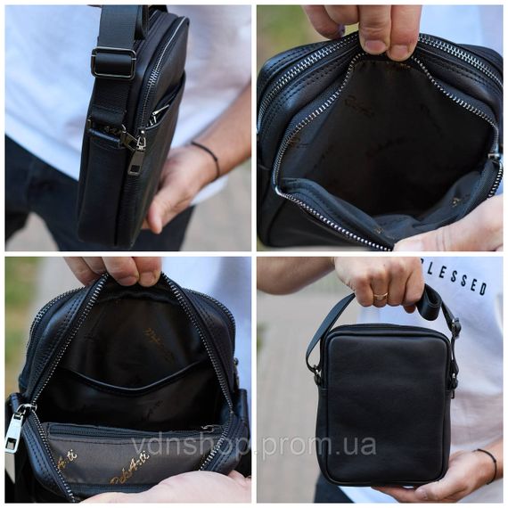 Чоловіча сумка через плече, гладкая кожа 20х16х6, месенджер для міста, барсетка для телефону та документів, чорна | Зображення 4