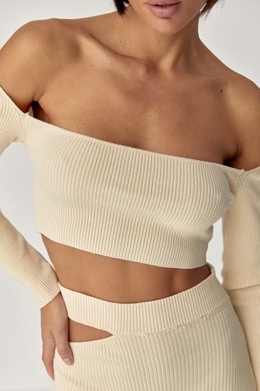 Костюм у рубчик із кроп-топом і спідницею - кремовий цвет, ONE SIZE (є розміри) | Зображення 3