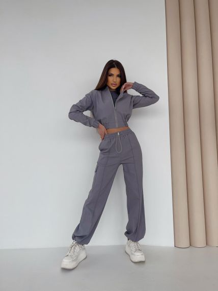 Женский модный прогулочный костюм брюки-джоггеры и короткий жакет LI8893 цвет серый, размер 42/44