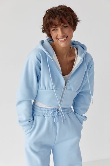 Теплий спортивний костюм з коротким худі та широкими штанами - блакитний цвет, L (є розміри) | Зображення 2