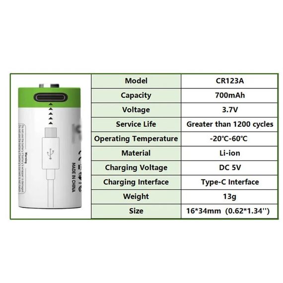 Батарейки аккумуляторные CR123A с разъемом TYPE-C на 3.7V/700mAh Smartoools - 4шт | Зображення 3