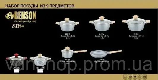 Набор кастрюль BN-339, 9 предметов, ковшик 1,4 л; 2,4л; 4л; 6,3л; сковорода 24см | Зображення 2