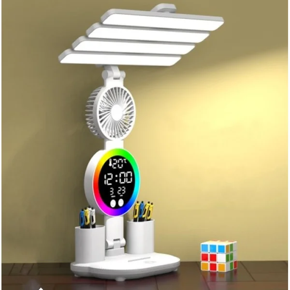 Аккумуляторная LED лампа  / Настольная лампа с 4 плафонами, RGB-подсветкой, часами и вентилятором