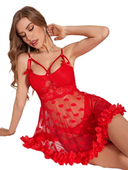 Красный бэби-долл «Сердечный соблазн» с кружевом и сердечками (XL) | Зображення 6