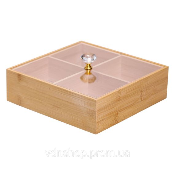 Менажница деревянная на 4 секции с крышкой для закусок 22×22×8 (см) квадратная HB-40-2
