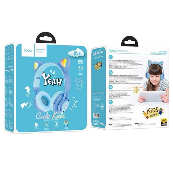 Бездротові навушники з мікрофоном Hoco W39 |bluetooth 5.3, AUX, 10H, RGB підсвічування| котячі вушка Blue | Зображення 2