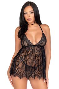 Сорочка Leg Avenue Floral lace babydoll & string Чорна M
