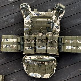 Плитоноска швидкого скидання з боковими карманами + 3 підсумків та напашник піксель