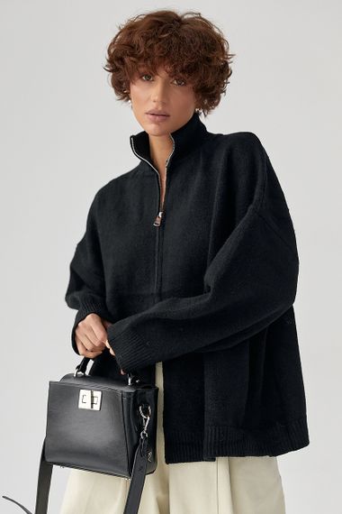 В'язаний кардиган оверсайз на блискавці - чорний цвет, ONE SIZE (є розміри)