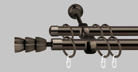 Карниз для штор металлический, двухрядный 19 мм, черный блеск  (ЕМ152) 200 см.