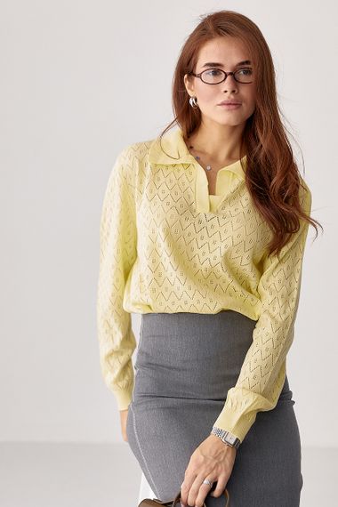 Кофта-поло з ажурної в'язки - лимонний цвет, ONE SIZE (є розміри)