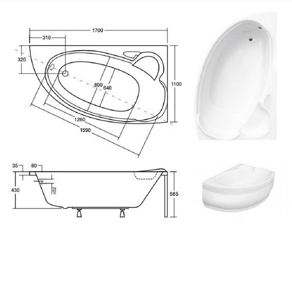 Ванна акриловая асимметричная Wenus 170x110 R с ногами и панелью | Зображення 3