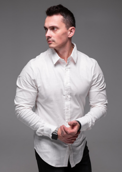 Мужская льняная рубашка с длинным рукавом на пуговицах цвет белий, размер L  RA2389 | Зображення 4