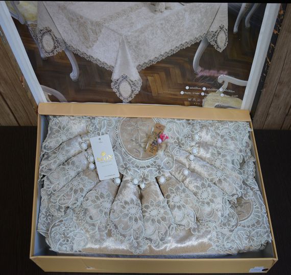 Велюрова скатертина з ранером Selin Gamze Set 160×300+12 серветок Бежева | Зображення 2
