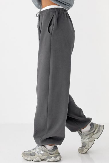 Теплі спортивні штани палаццо з подвійним поясом - темно-сірий цвет, L (є розміри) | Зображення 4