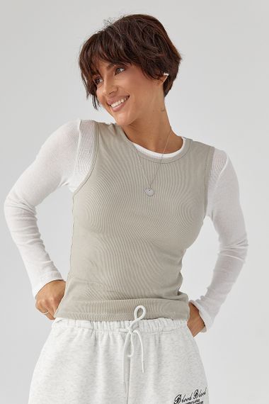 Двошаровий лонгслів у рубчик з імітацією жилетки - сірий цвет, M (є розміри)