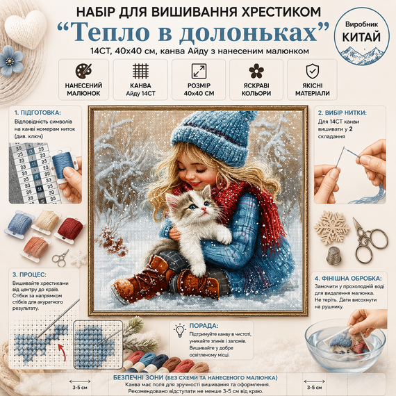 Набор для вышивки крестом JOZYSH "Тепло в ладонях" 14CT, 40x40 см, канва Аида с нанесенным рисунком | Зображення 1