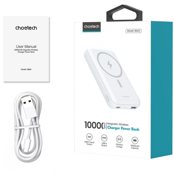 УМБ Choetech Magnetic Wireless 10000mAh 20W PD,QC3.0 USB-A+USB-C  White | Зображення 6