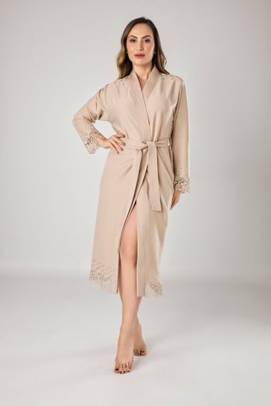 Жіночий халат Nusa 8670-1, трикотажний з мереживом, бежевий M