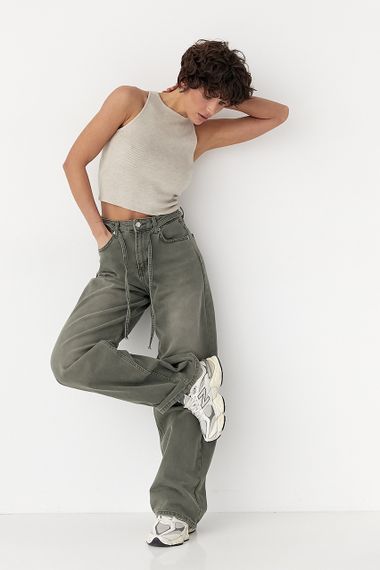 Оливкові джинси Palazzo на зав'язках - хакі цвет, 40р (є розміри) | Зображення 2